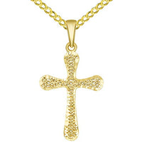 Load image into Gallery viewer, 14k Yellow Gold Textured Rounded Edge 3-D Religious Cross Pendant with Cuban Chain Necklace
