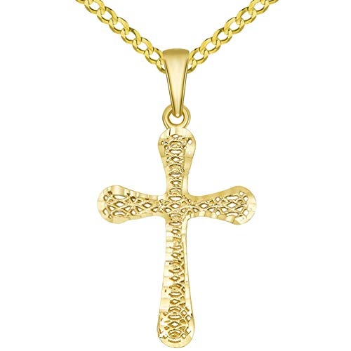 14k Yellow Gold Textured Rounded Edge 3-D Religious Cross Pendant with Cuban Chain Necklace