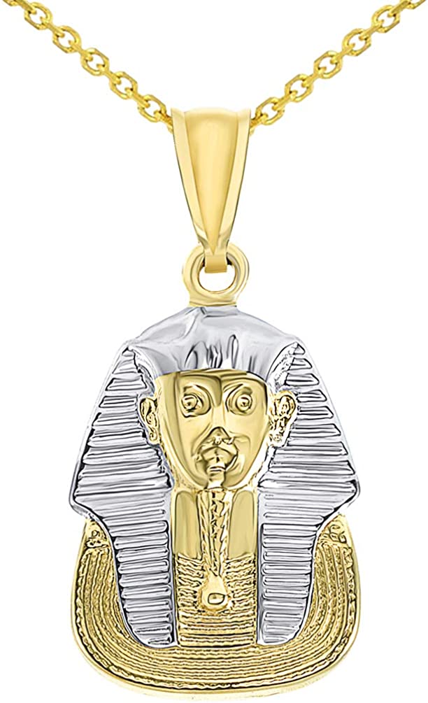 14k Yellow Gold The Mask of Egyptian Pharaoh King Tut Pendant Necklace with Rolo Chain Necklaces