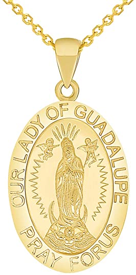 Solid 14k Yellow Gold Our Lady Of Guadalupe Pray For Us Miraculous Medal Pendant Necklace with Cable Chain