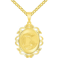 Load image into Gallery viewer, 14k Yellow Gold Religious Baptism Christening On Elegant Ornate Medal Pendant with Cuban Chain Curb Necklace
