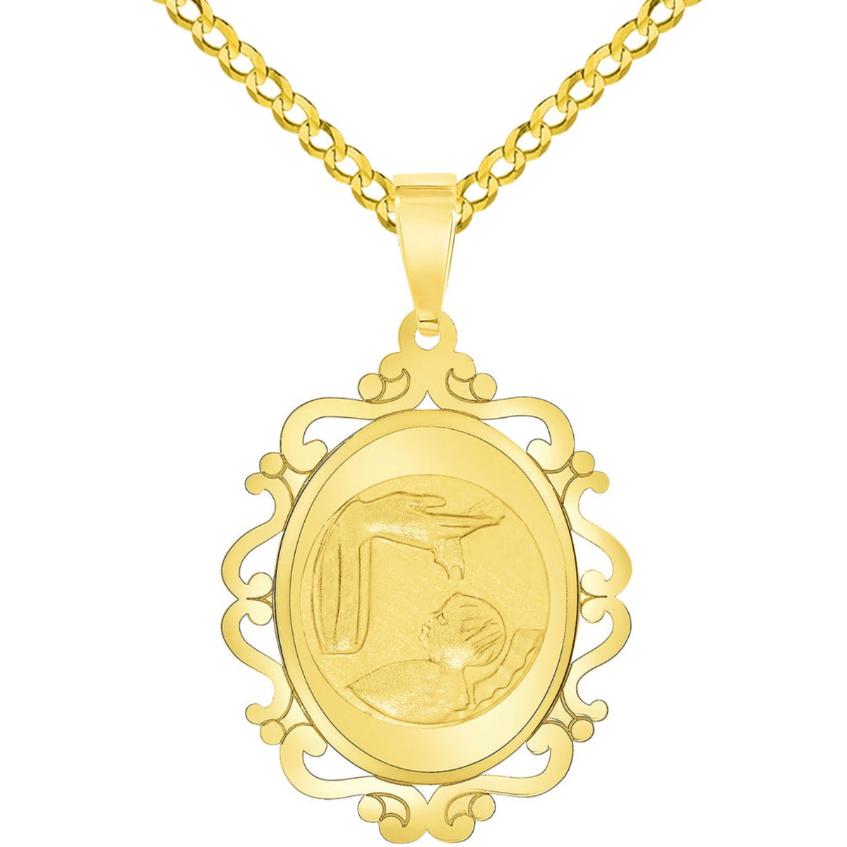 14k Yellow Gold Religious Baptism Christening On Elegant Ornate Medal Pendant with Cuban Chain Curb Necklace
