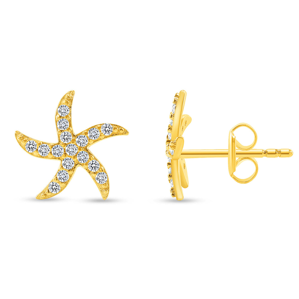 Solid 14k Yellow Gold Pave Cubic-Zirconia Starfish Stud Sea Life Earrings with Screw Back, 10.5mm
