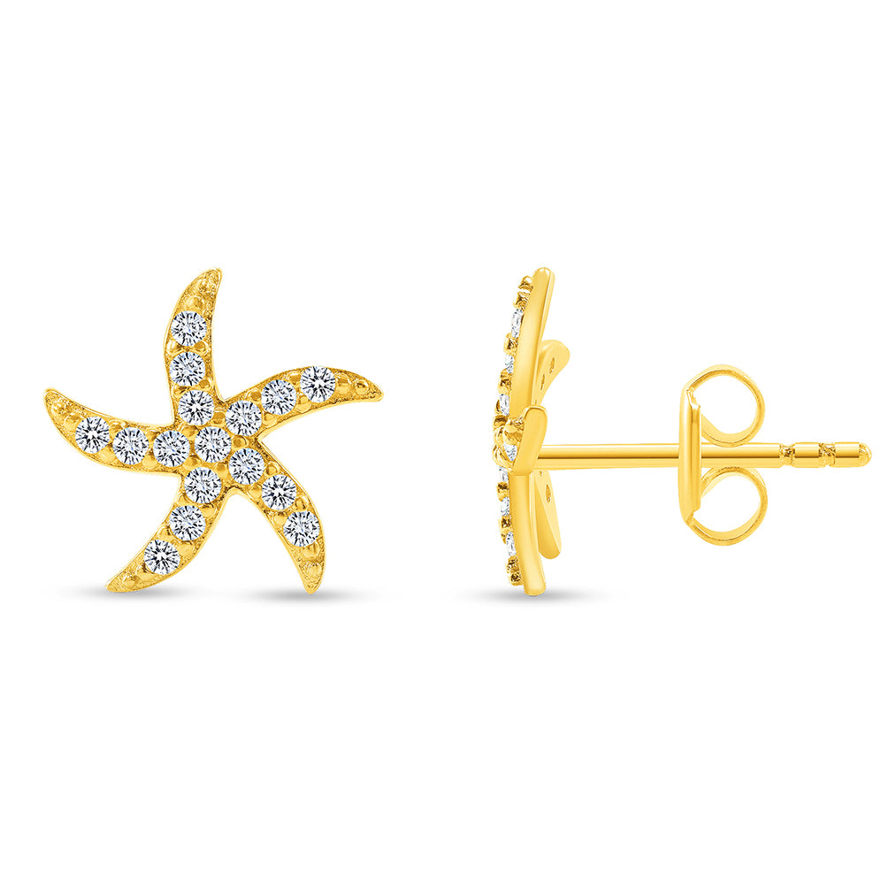 Solid 14k Yellow Gold Pave Cubic-Zirconia Starfish Stud Sea Life Earrings with Screw Back, 10.5mm