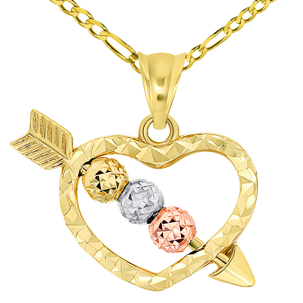 14k Gold Beaded Cupid's Love Arrow Pendant Figaro Necklace