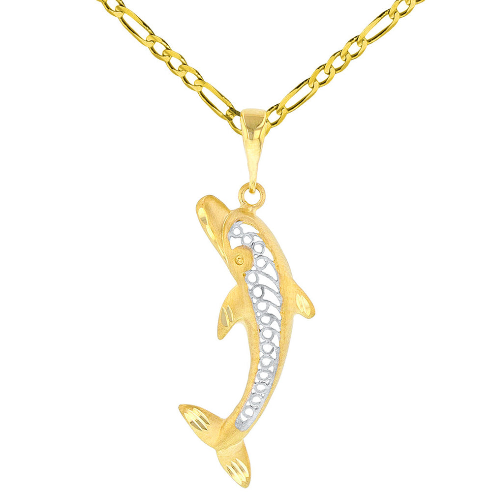 14k Gold Dolphin Pendant Figaro Chain Necklace