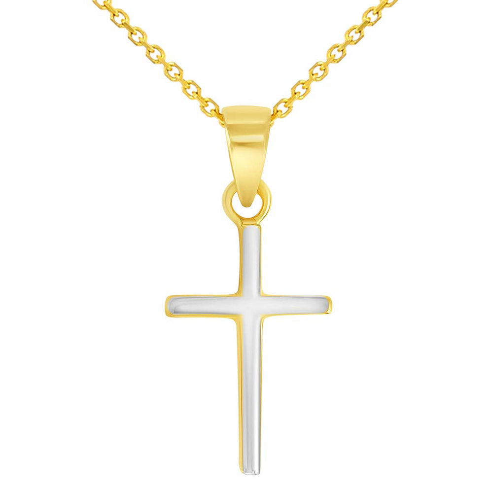 Solid 14k Yellow Gold Mini Two-Tone Plain Religious Cross Pendant Necklace (Reversible)