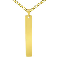 Load image into Gallery viewer, Solid 14k Yellow Gold Engravable Personalized Vertical Bar Charm Pendant with Figaro Chain Necklace
