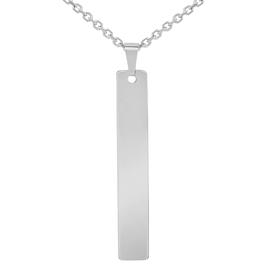 Solid 14k White Gold Engravable Personalized Vertical Bar Charm Pendant Necklace