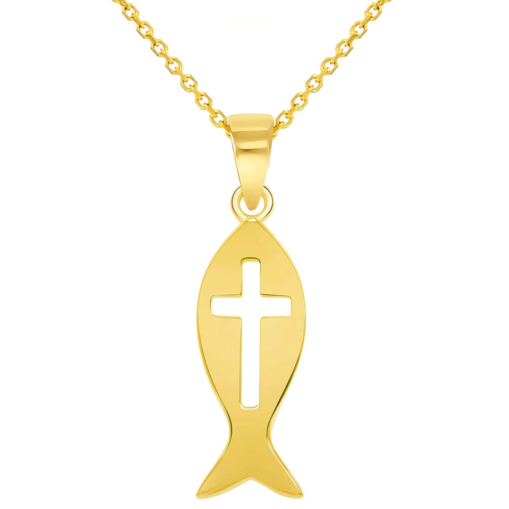 14k Yellow Gold Ichthus Cut-Out Cross Charm Christian Fish Symbol Pendant with Rolo Cable Chain Necklace