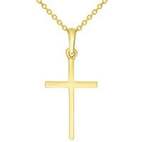 Load image into Gallery viewer, 14k Solid Yellow Gold Classic Small Religious Cross Charm Pendant with Cable, Curb, or Figaro Chain Necklaces
