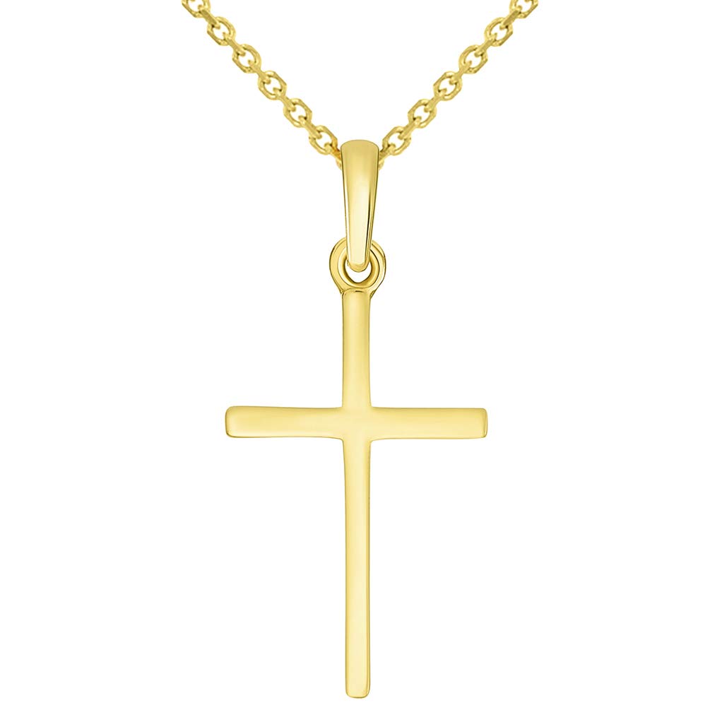 14k Solid Yellow Gold Classic Small Religious Cross Charm Pendant with Cable, Curb, or Figaro Chain Necklaces