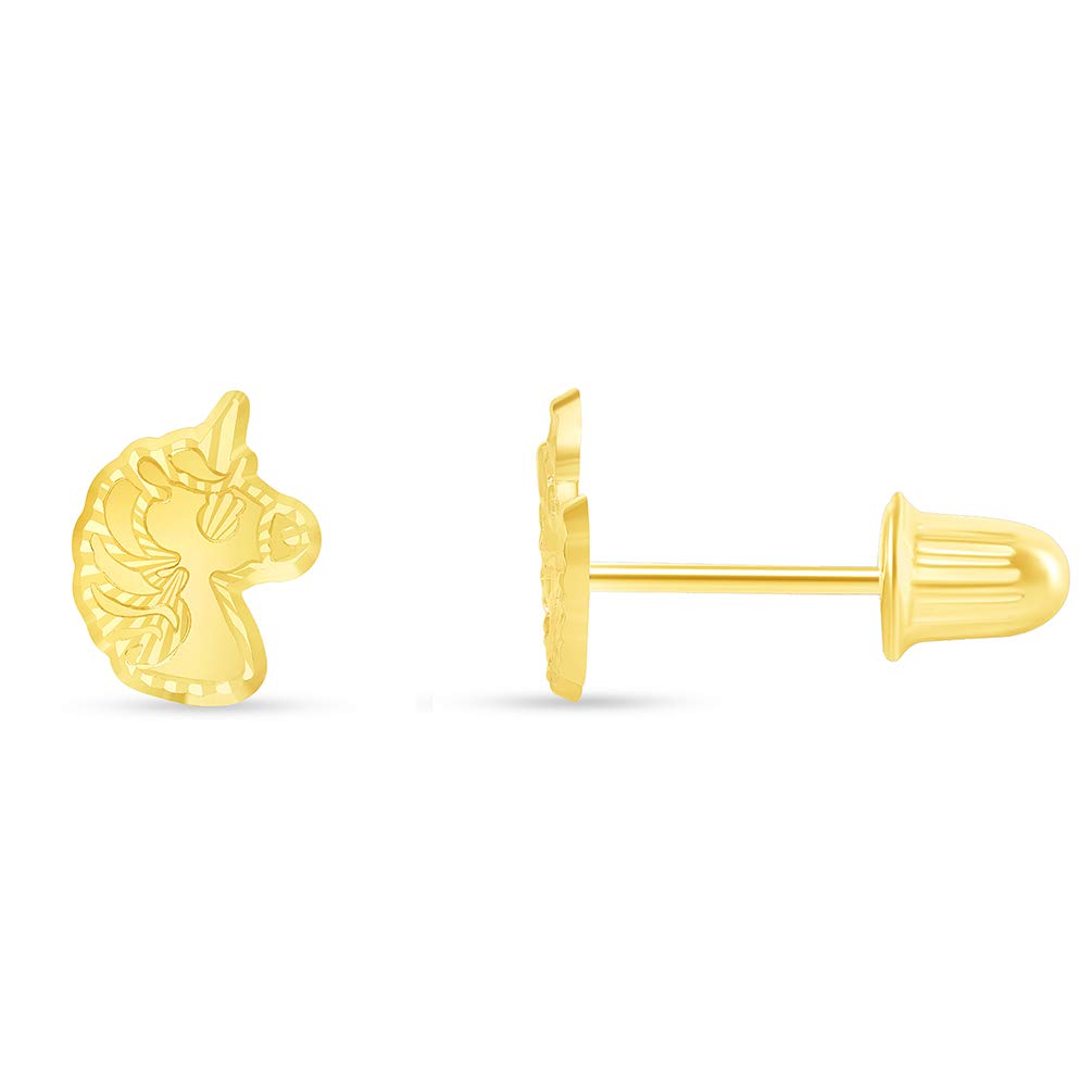14k Yellow Gold Well-Detailed Unicorn Stud Earrings with Screw Back