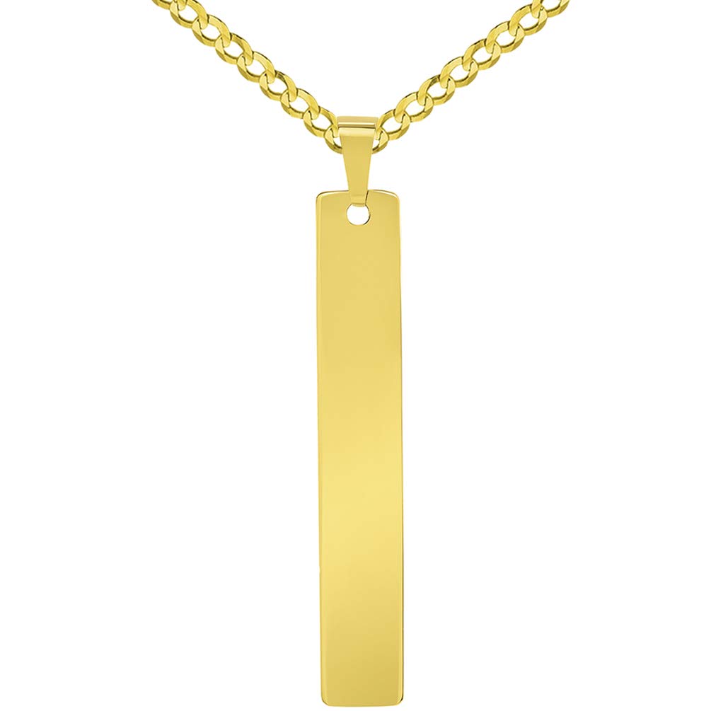Solid 14k Yellow Gold Engravable Personalized Vertical Bar Charm Pendant with Curb Chain Necklace