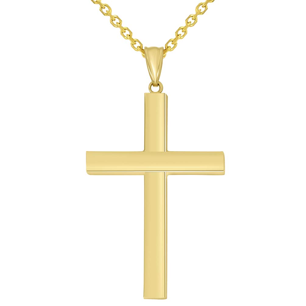 14k Yellow Gold Religious Plain Hollow Square Tube Cross Pendant with Rolo Chain Necklace