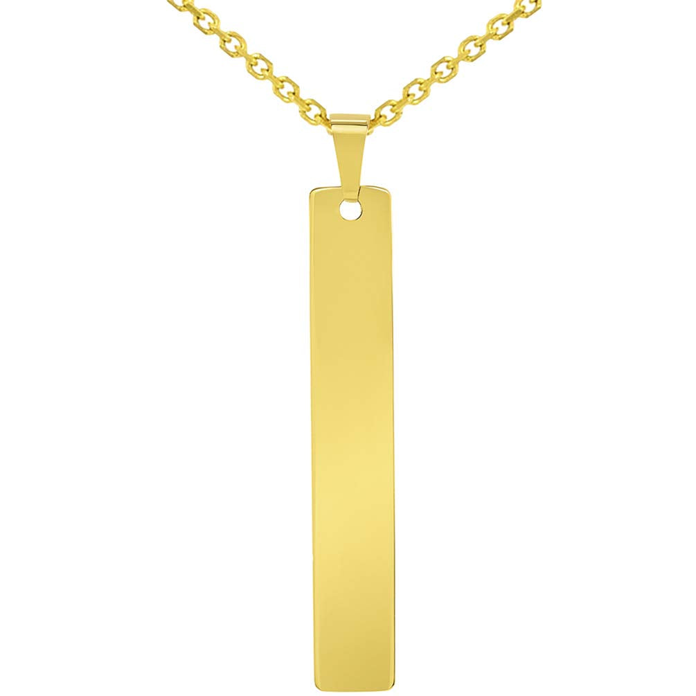 Solid 14k Yellow Gold Engravable Personalized Vertical Bar Charm Pendant with Cable Chain Necklace