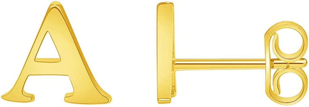 Solid 14k Yellow Gold Mini Uppercase Initial Block Letter Stud Earrings with Push-Back - A to Z