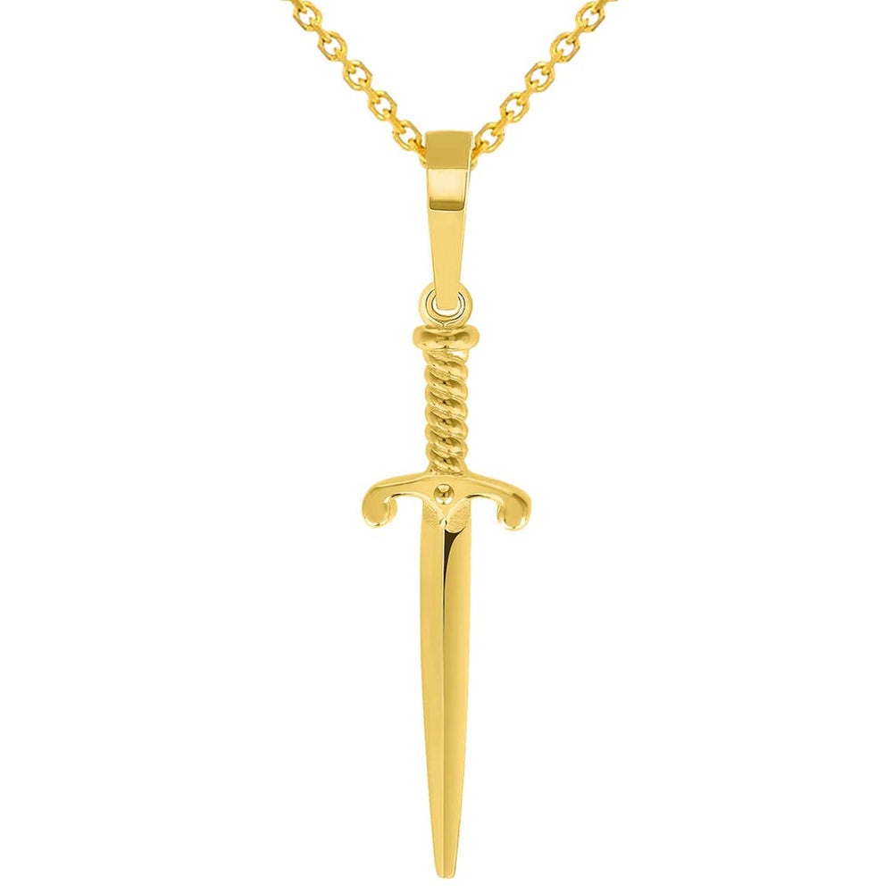 Solid 14k Yellow Gold Long Dagger Sword Pendant with Cable Chain Necklace