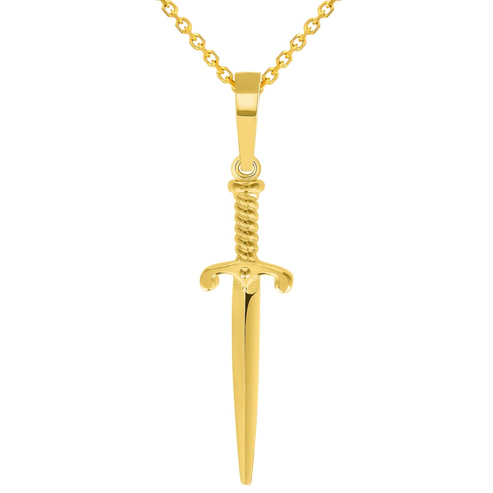 Solid 14k Yellow Gold Long Dagger Sword Pendant with Cable Chain Necklace