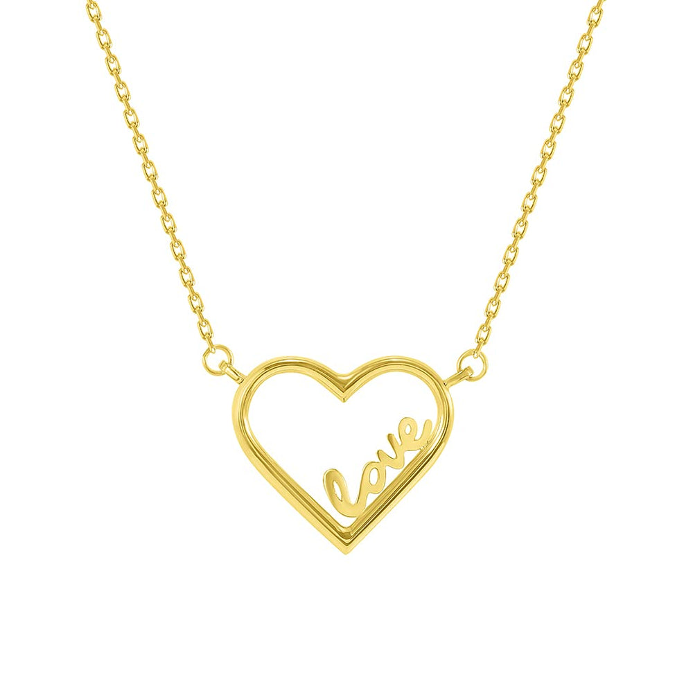 14k Yellow Gold Love Written Open Heart Necklace with Lobster Claw Clasp