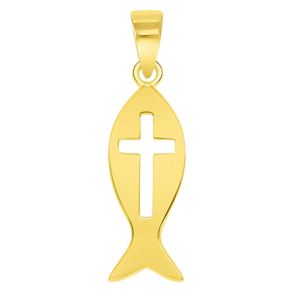 14k Yellow Gold Ichthus Cut-Out Cross Charm Christian Fish Symbol Pendant