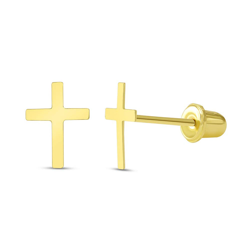 14k Yellow Gold Dainty Christian Mini Cross Stud Earrings with Screw Back