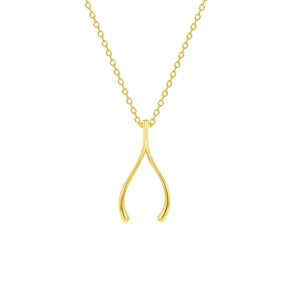 Solid 14k Yellow Gold Good Luck Wishbone Protection Necklace with Lobster Claw Clasp