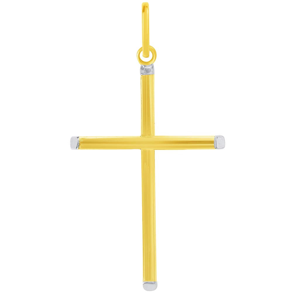 14k Two-Tone Gold Slender Slanted Edge Plain Religious Cross Pendant
