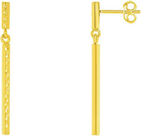 Load image into Gallery viewer, 14k Yellow Gold Textured Long Vertical Round Bar Dangle Drop Earrings with Push Back

