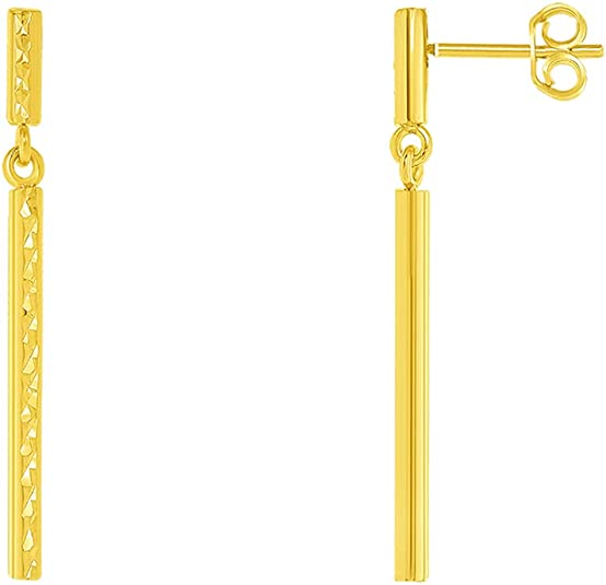 14k Yellow Gold Textured Long Vertical Round Bar Dangle Drop Earrings with Push Back