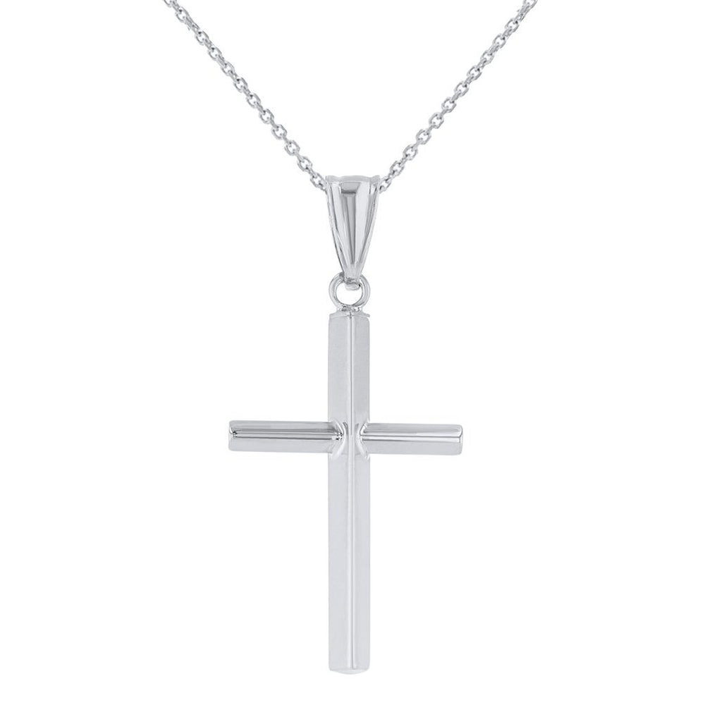 High Polished 14K White Gold Plain Slender Cross Pendant with Chain Necklace