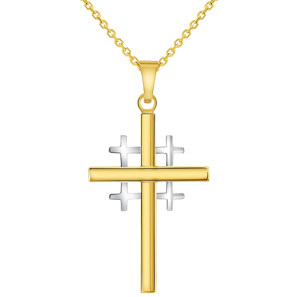 14k Two-Tone Gold Religious Crusaders Jerusalem Latin Plain Cross Pendant Necklace