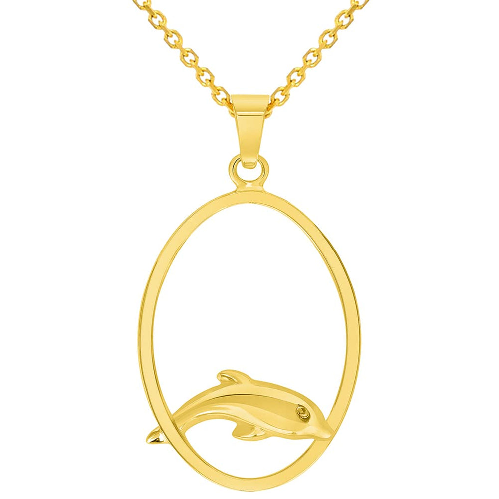 14k Yellow Gold Dolphin Jumping Through Hoop Pendant Necklace