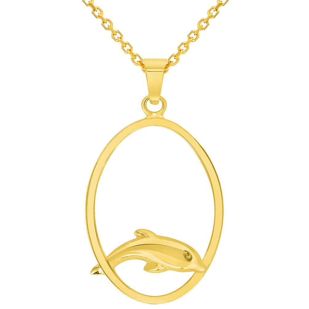 14k Yellow Gold Dolphin Jumping Through Hoop Pendant Necklace