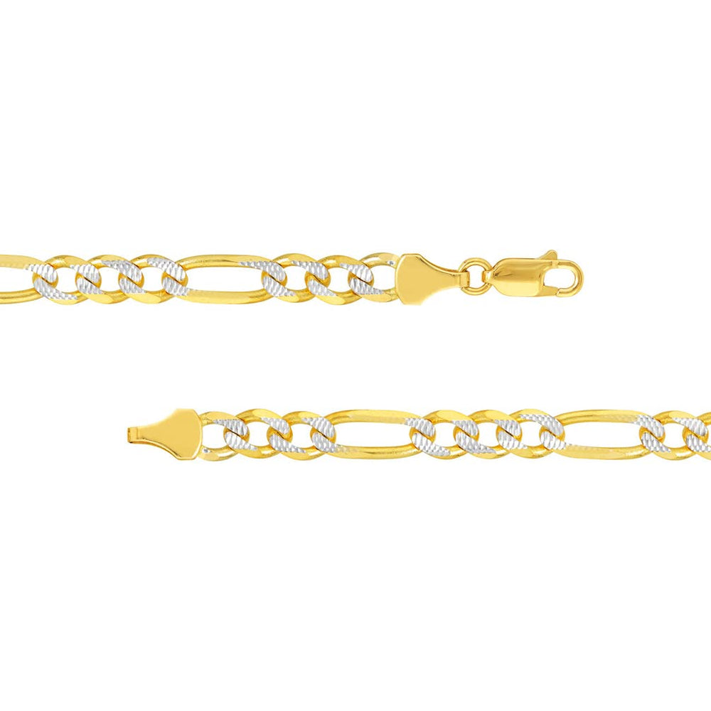 Solid 14k Yellow Gold 4.5mm Pave Two-Tone Figaro Link Chain Necklace with Lobster Claw Clasp