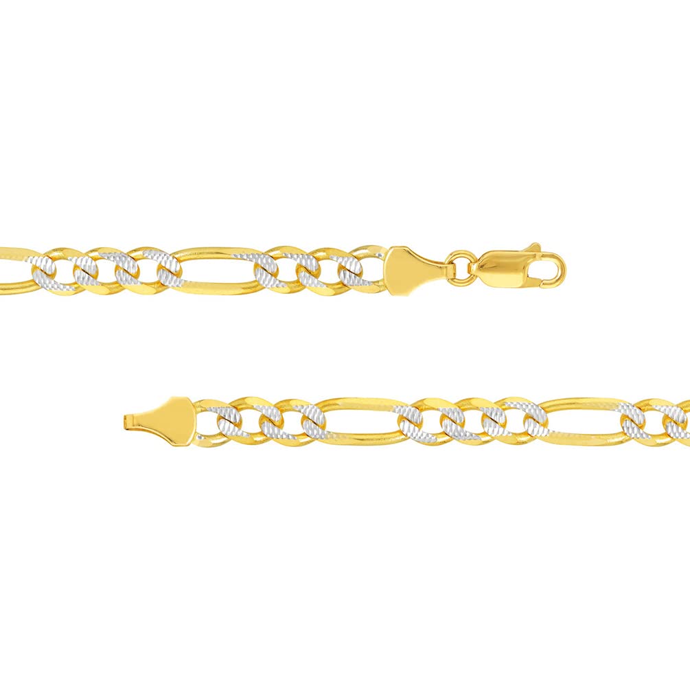 Solid 14k Yellow Gold 4.5mm Pave Two-Tone Figaro Link Chain Necklace with Lobster Claw Clasp