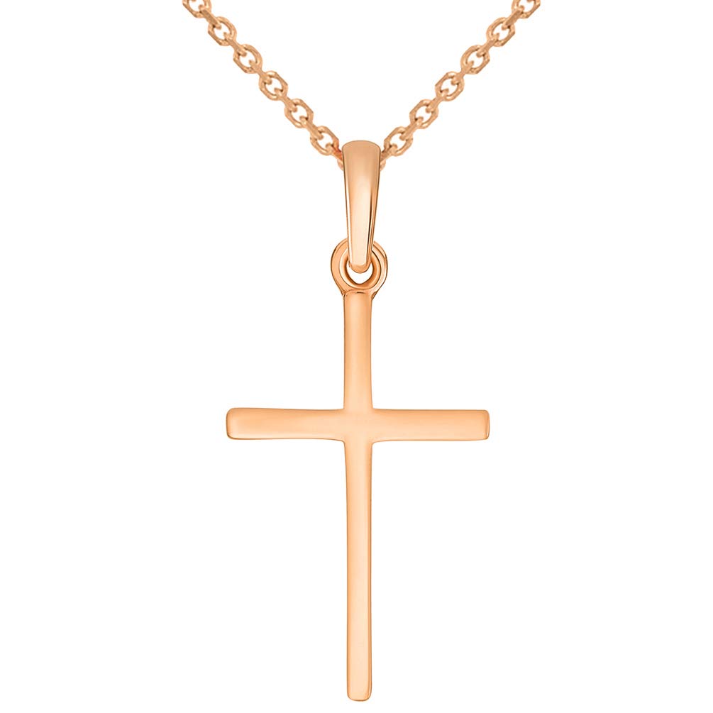 14k Solid Rose Gold Classic Small Religious Cross Charm Pendant with Cable Chain Necklace