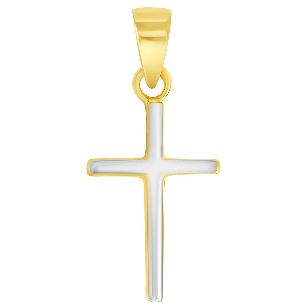 Solid 14k Yellow Gold Mini Two-Tone Plain Religious Cross Pendant (Reversible)