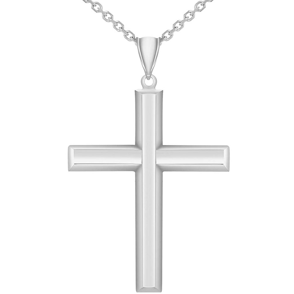 14k Gold Plain & Simple Religious High Polish Cross Pendant Necklace - White Gold