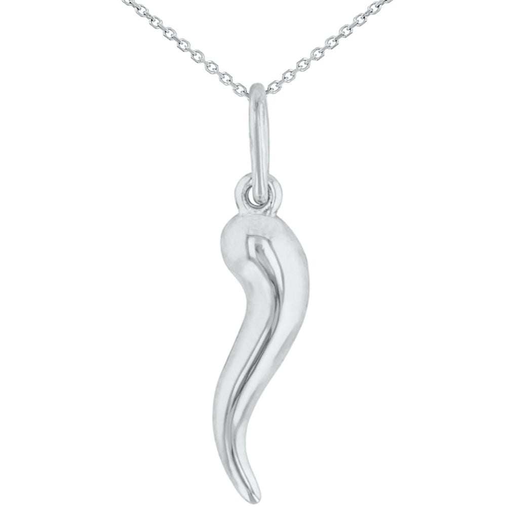 14K White Gold Polished Dainty Cornicello Horn Charm Pendant with Chain Necklace