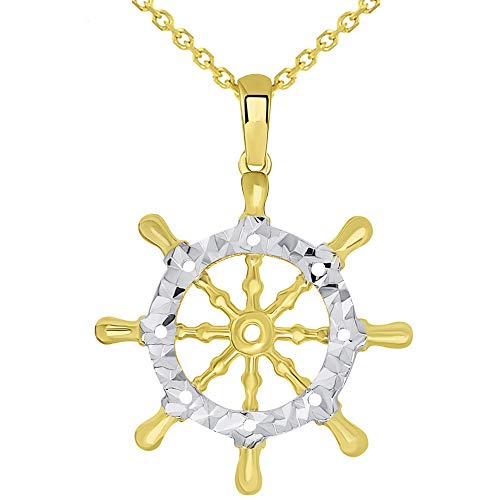 14k Gold Textured Two Tone Ships Wheel Pendant Necklace - Yellow Gold