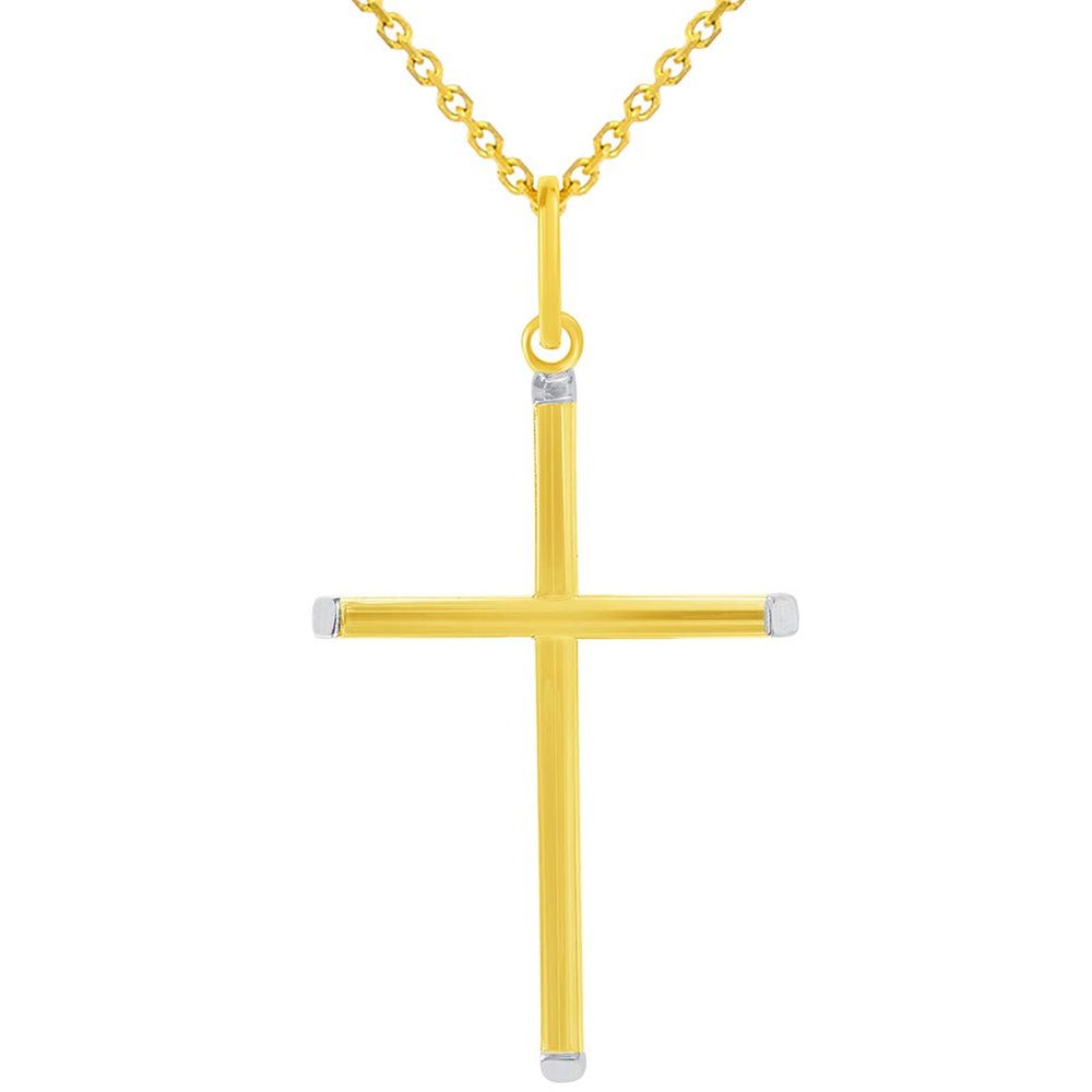 14k Two-Tone Gold Slender Slanted Edge Plain Religious Cross Pendant Necklace