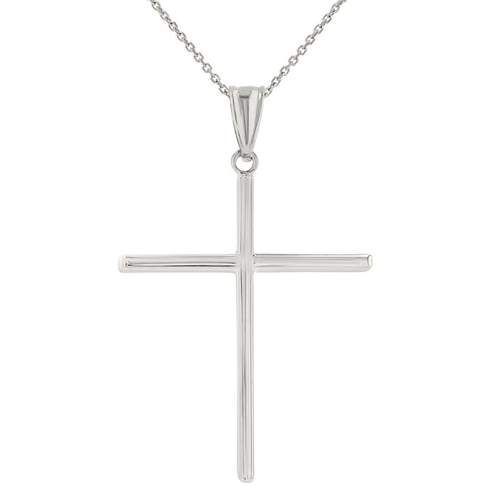 High Polished 14K Gold Plain Slender Large Cross Pendant with Chain Necklace - White Gold
