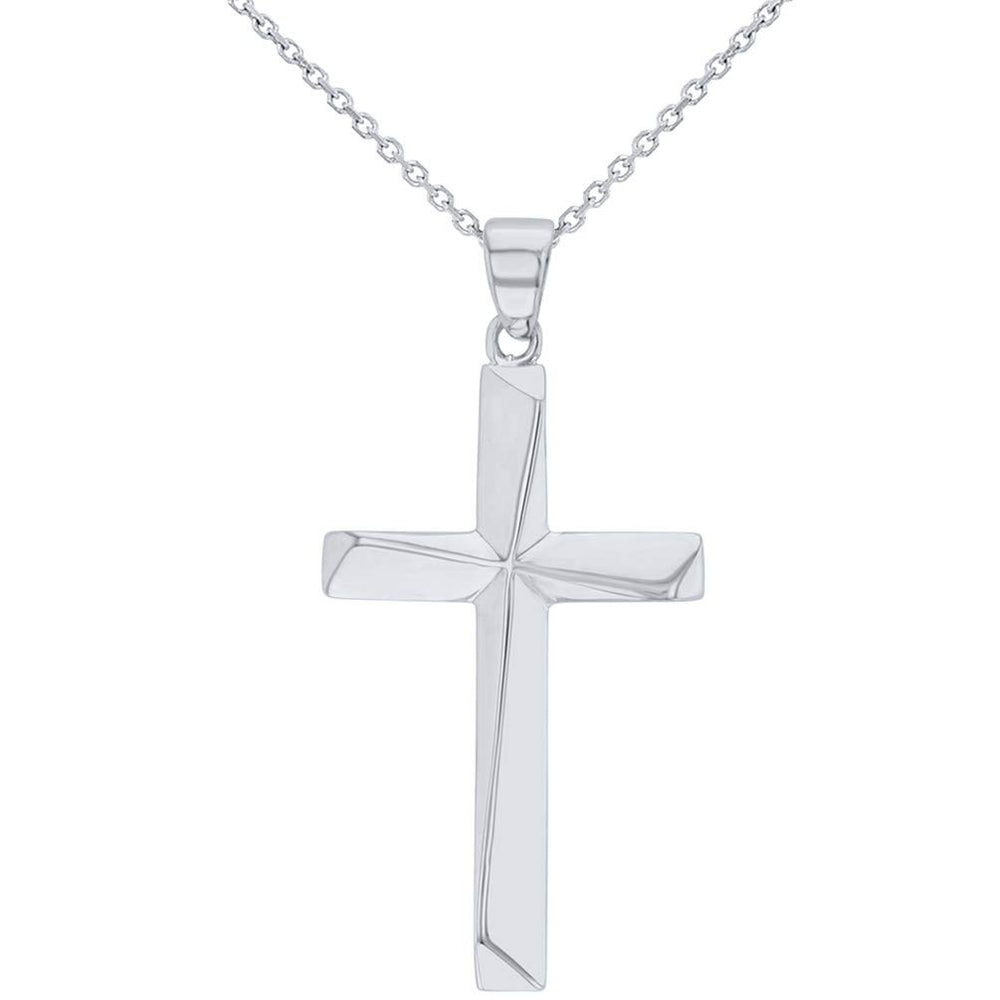 Solid 14K Gold Elegant Religious Plain Cross Pendant Necklace - White Gold