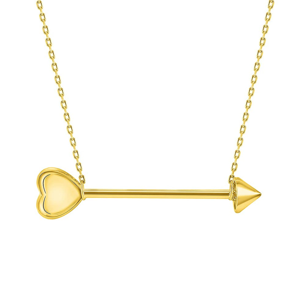 14k Yellow Gold Sideways 3D Heart-Shaped Arrow Necklace with Lobster Claw Clasp
