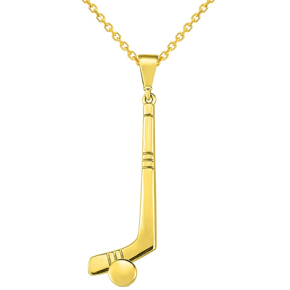 14k Yellow Gold Hockey Stick with Puck Sports Pendant Necklace