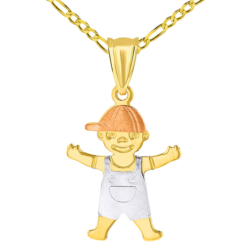 14k Tri Color Gold Little Boy Child Pendant with Figaro Necklace