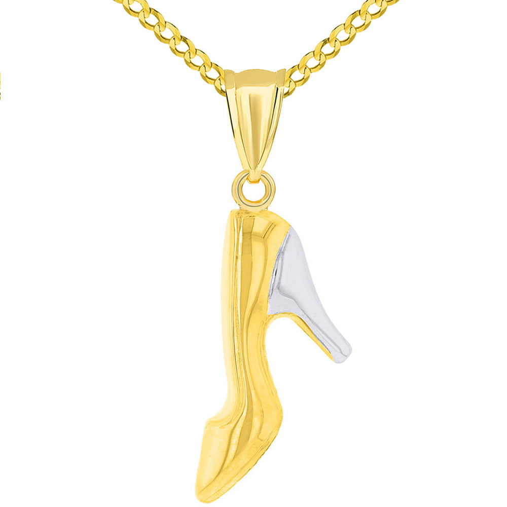 14k Yellow Gold Two Tone Pointed Toe High Heel Shoe Pendant with Cuban Necklace