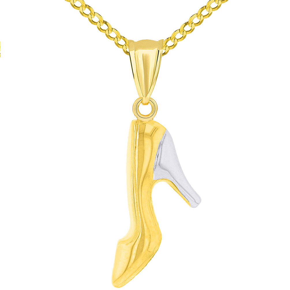 14k Yellow Gold Two Tone Pointed Toe High Heel Shoe Pendant with Cuban Necklace
