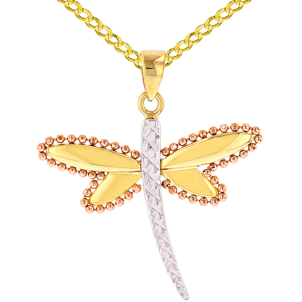 Jewelry America Textured 14K Yellow Gold and Rose Gold Milgrain Dragonfly Pendant Necklace